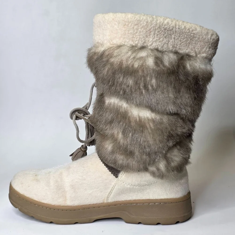 L.L. Bean Winter Snow Boots Women's Size 10 Ivory Cream Brown Faux Fur Shoes